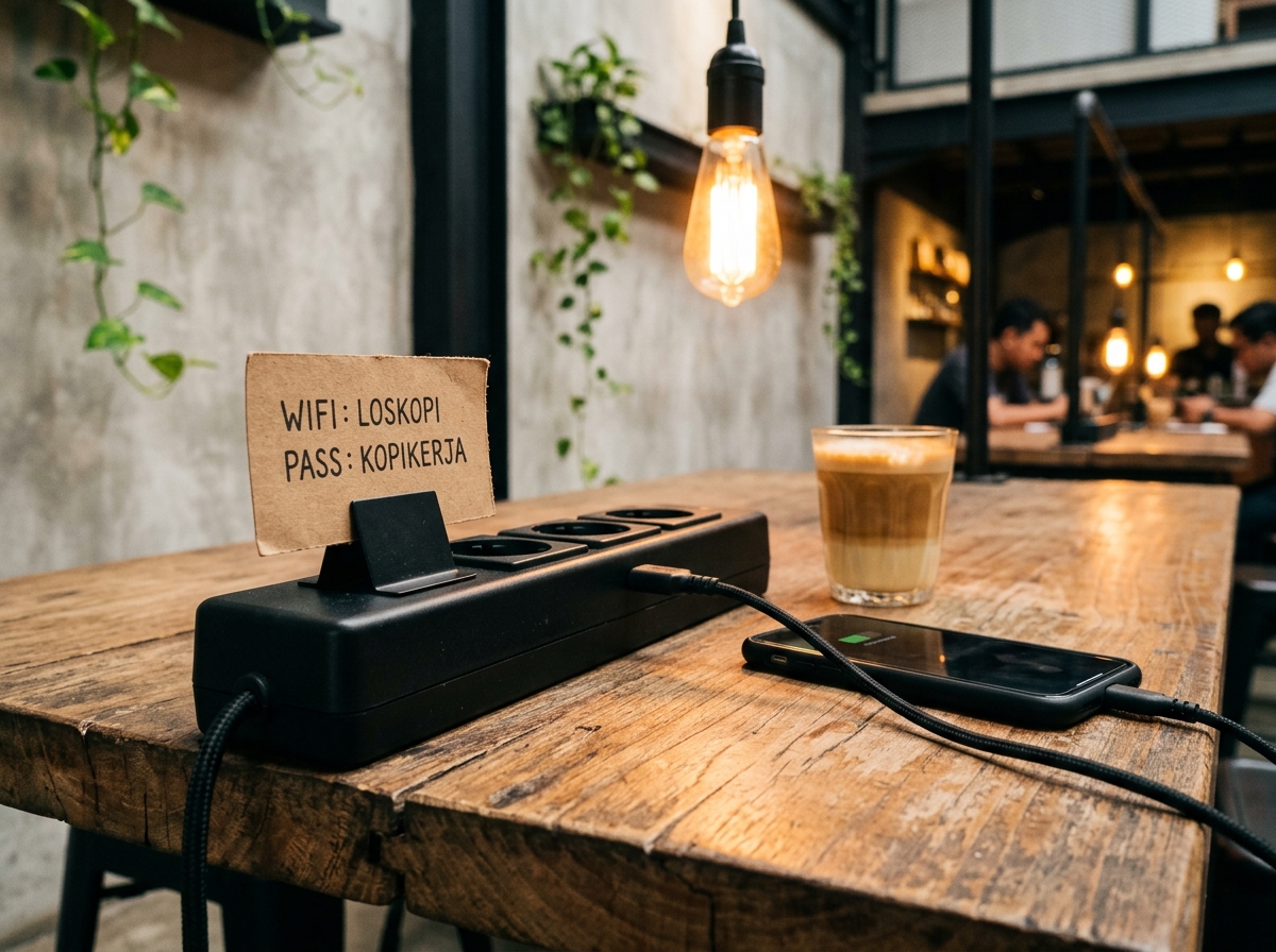 Fasilitas: WiFi dan colokan, Stop kontak di tiap meja, WiFi kencang gratis.