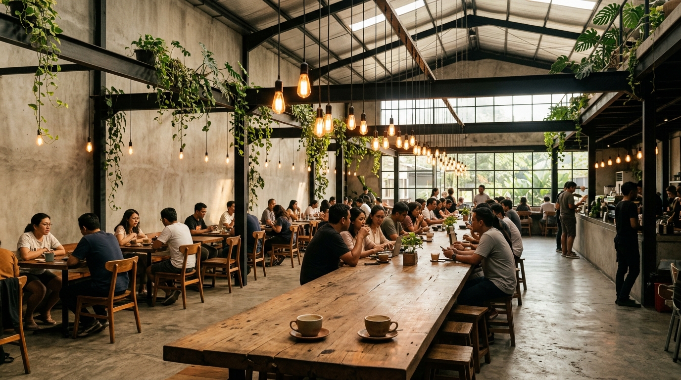 Hall LOS KOPI lebar, meja komunal, lampu Edison, tanaman rambat di beton.