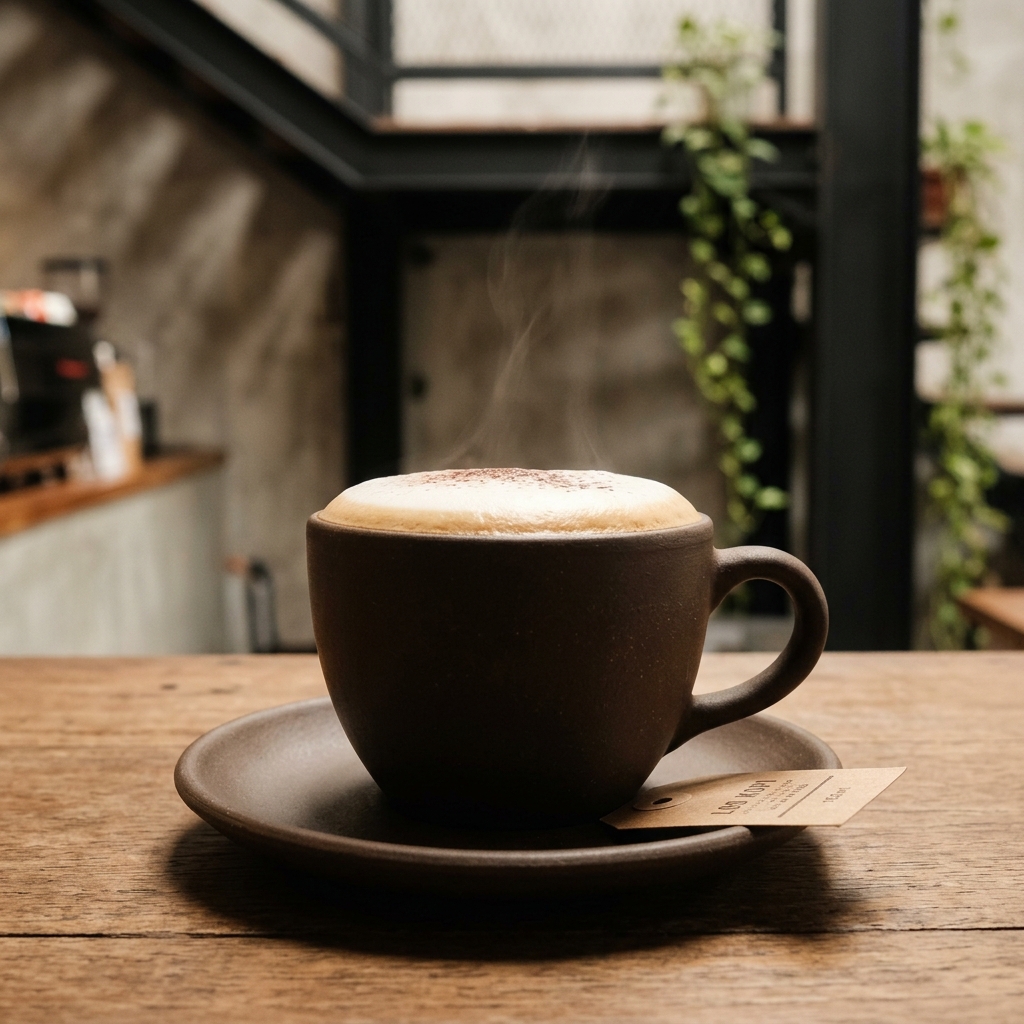 Foto menu Cappuccino, product-main 85mm, cahaya amber hangat.