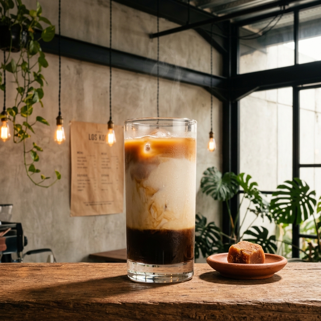 Foto menu Es Kopi Susu Aren, product-main 85mm, cahaya amber hangat.