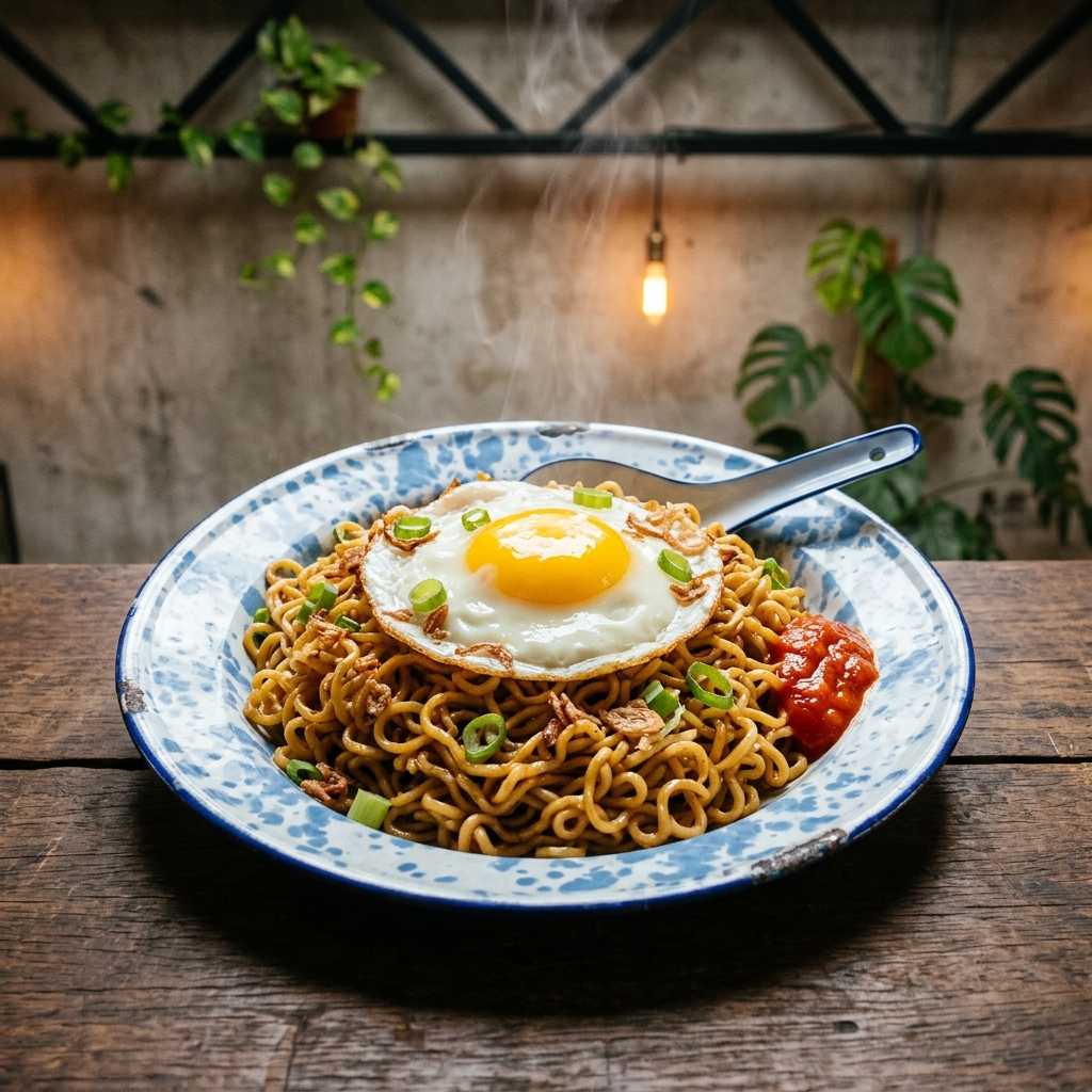 Foto menu Indomie Telur, product-main 85mm, cahaya amber hangat.
