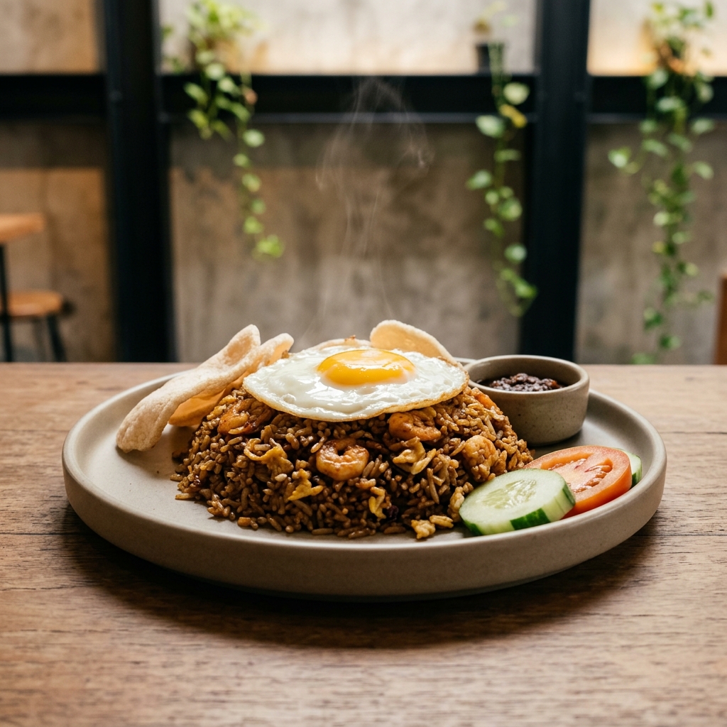 Foto menu Nasi Goreng Kampung, product-main 85mm, cahaya amber hangat.