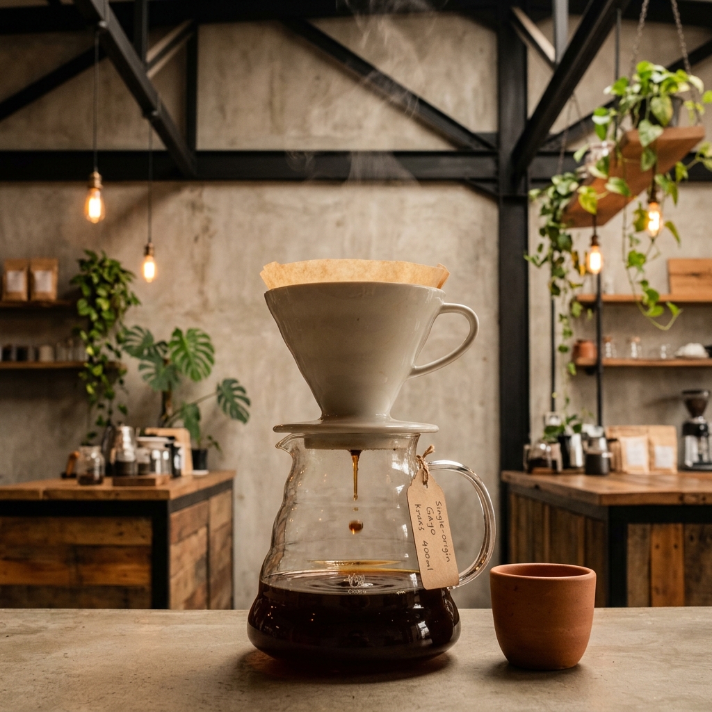Foto menu V60 Gayo, product-main 85mm, cahaya amber hangat.